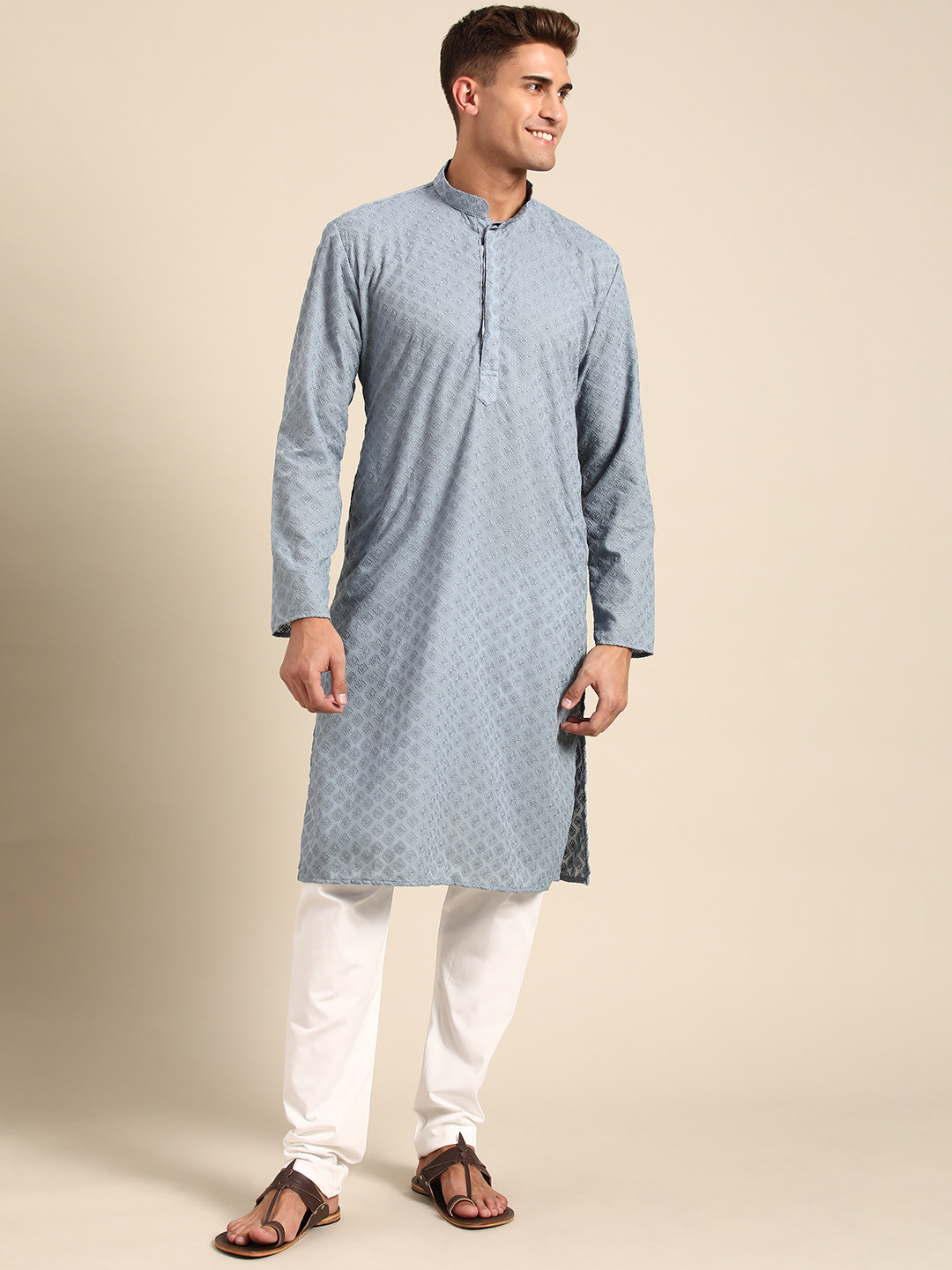 RAJUBHAI HARGOVINDAS Men Grey Chikankari Kurta