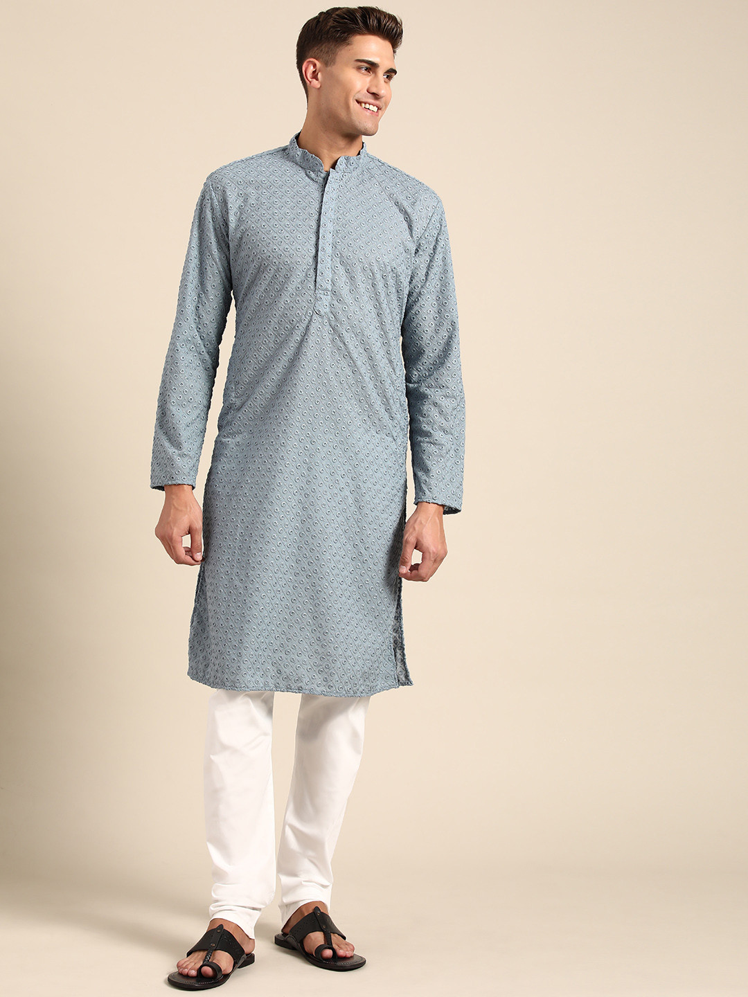 RAJUBHAI HARGOVINDAS Men Grey Chikankari Kurta
