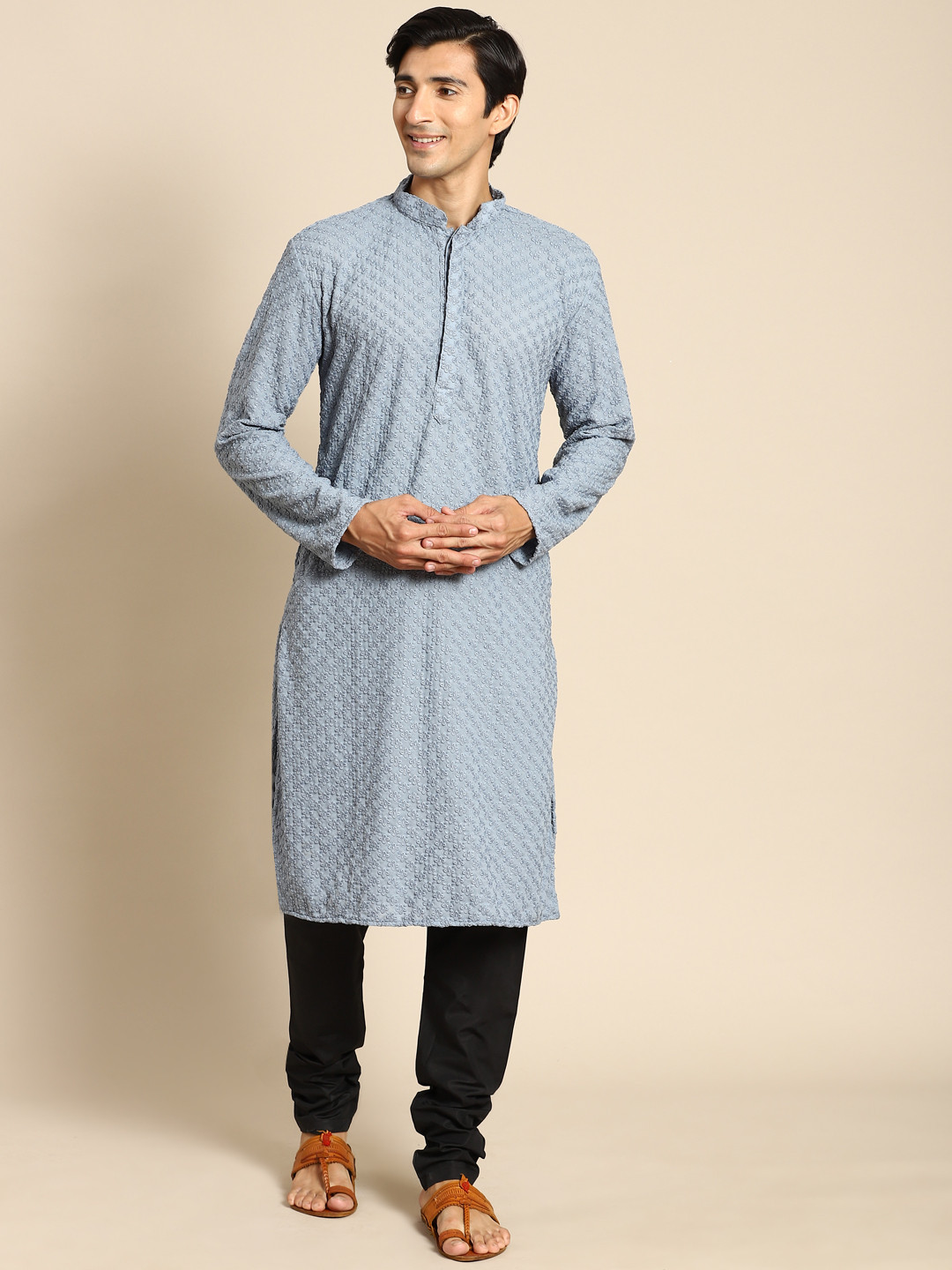 RAJUBHAI HARGOVINDAS Men Blue with a tinge of Grey Cotton Embroidered Chikankari Kurta