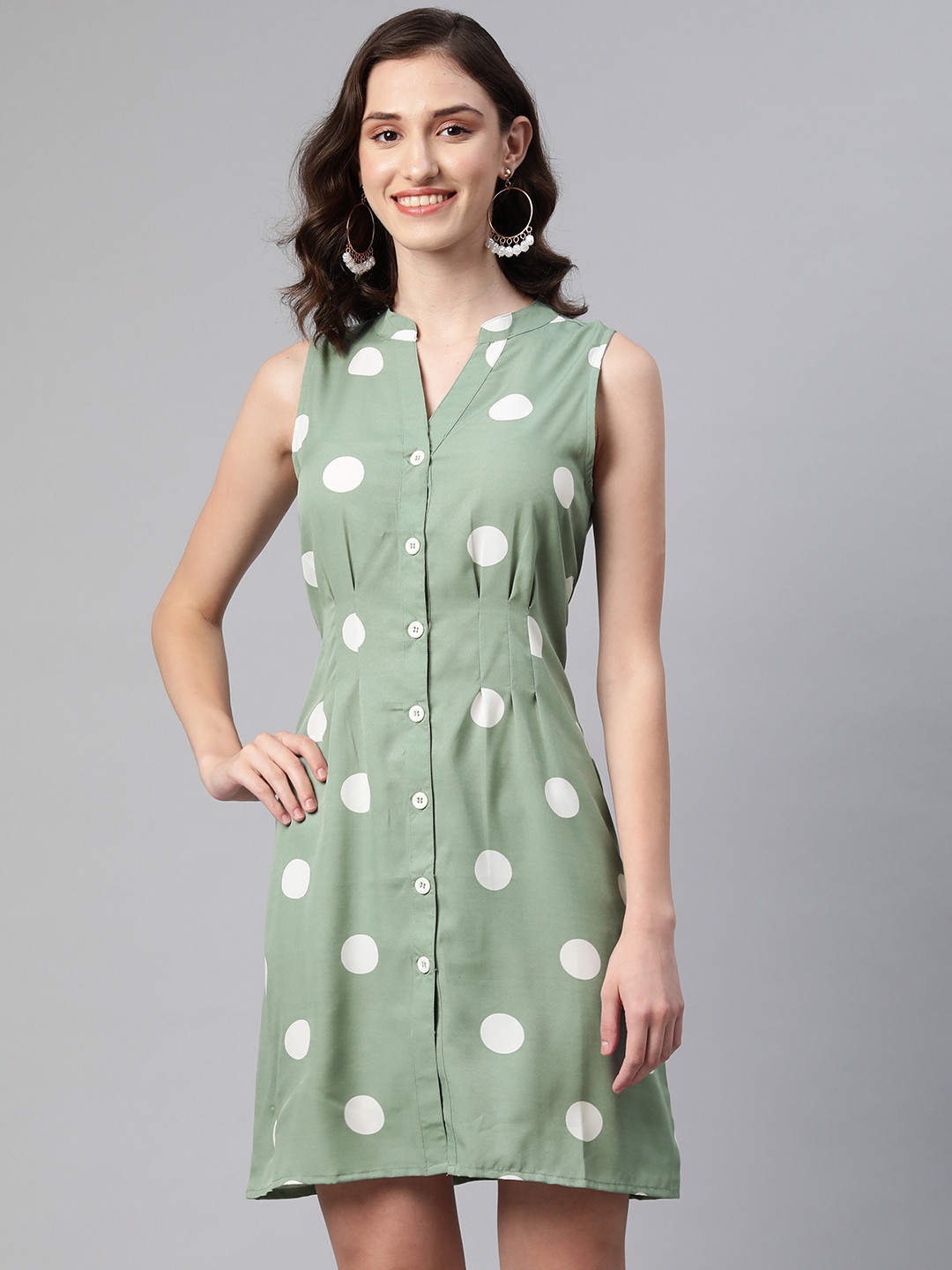 VARUSHKA Women Green & White Polka Dot Printed Crepe Shirt Dress