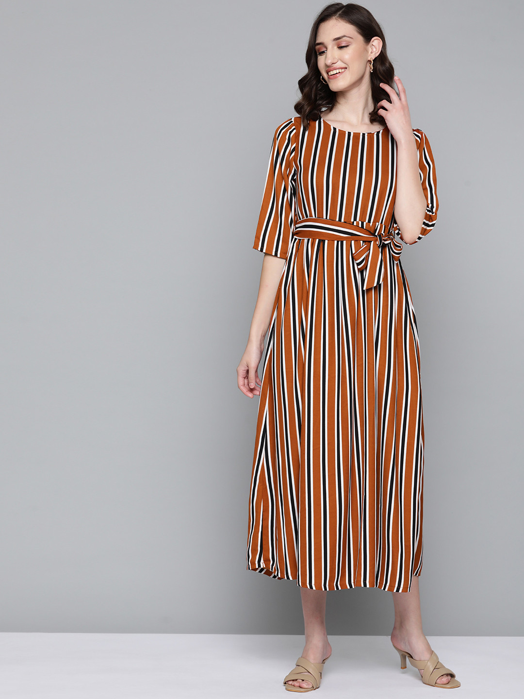 HERE&NOW Brown & White Striped Georgette Midi Dress