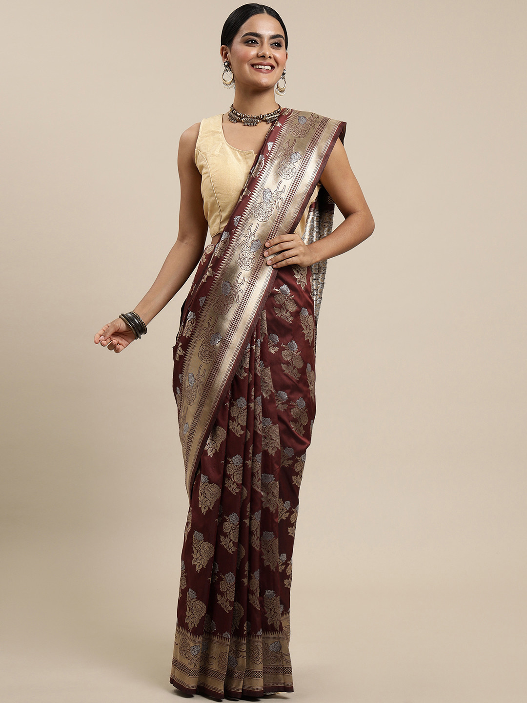 Royal Rajgharana Saree Maroon & Golden Ethnic Motifs Silk Blend Banarasi Sarees