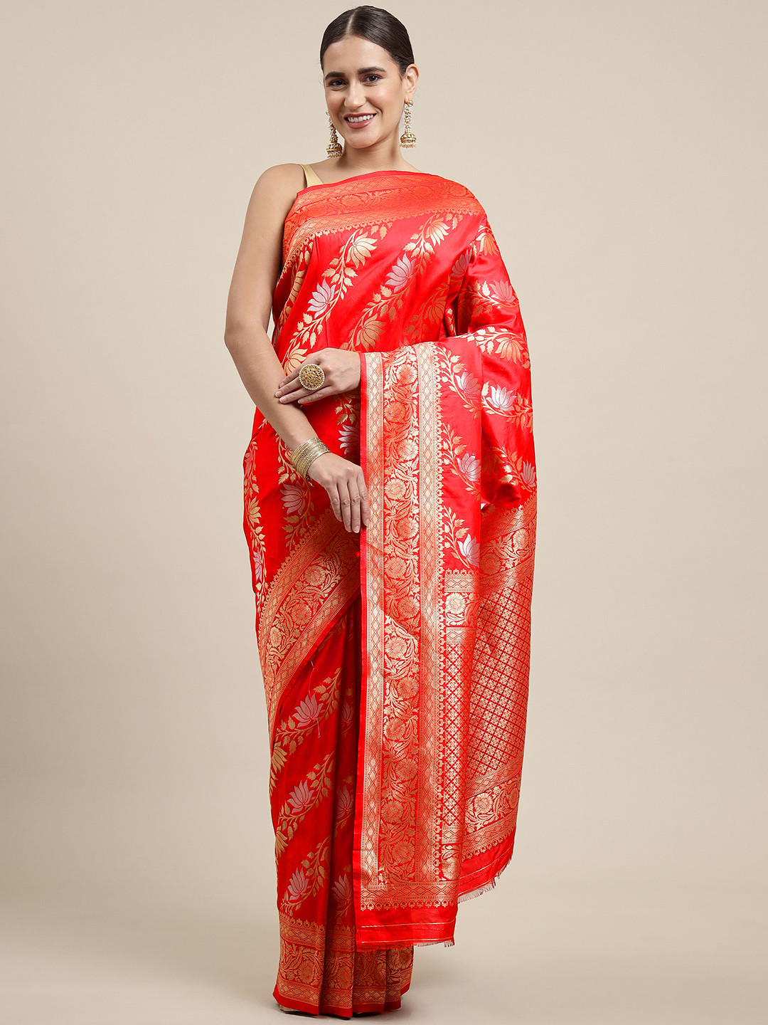 Royal Rajgharana Saree Red & Golden Ethnic Motifs Woven Design Banarasi Sarees