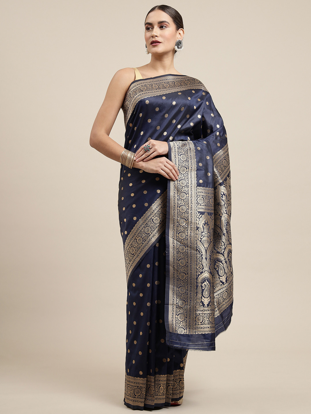 Royal Rajgharana Saree Navy Blue & Golden Ethnic Motifs Woven Design Paithani Sarees