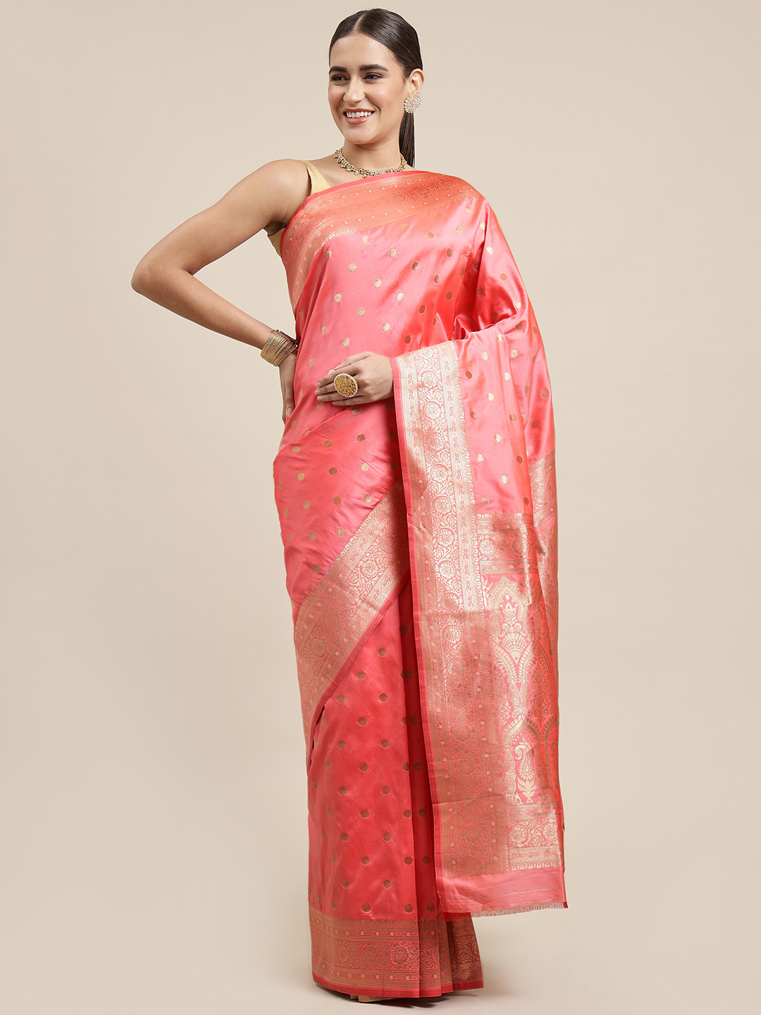Royal Rajgharana Saree Peach-Coloured & Gold Silk Blend Celebrity Paithani Sarees