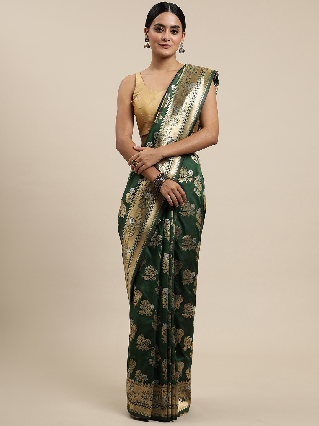 Royal Rajgharana Saree Green & Silver Ethnic Motifs Silk Blend Banarasi Sarees