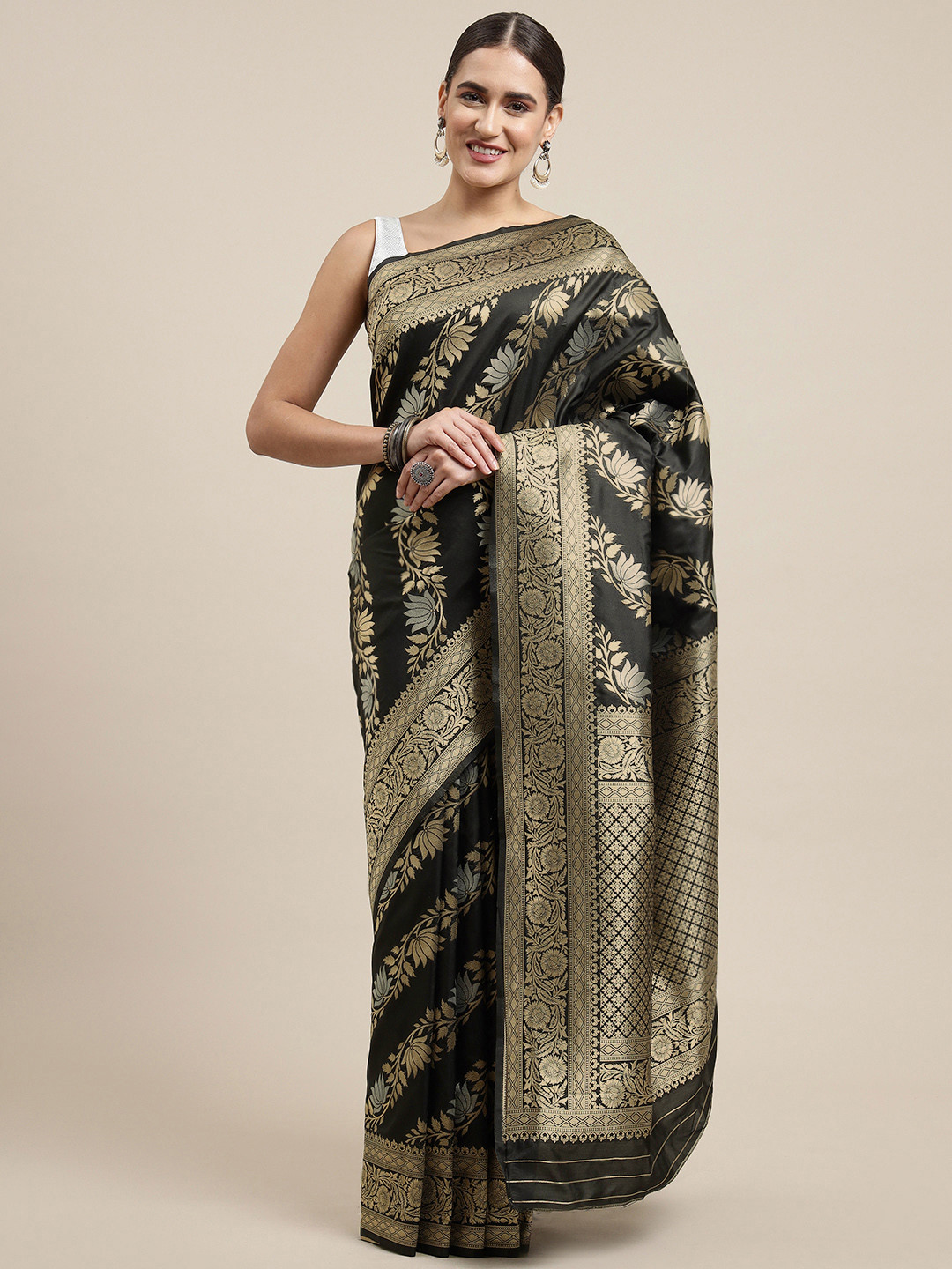 Royal Rajgharana Saree Black & Golden Ethnic Motifs Woven Design Banarasi Sarees