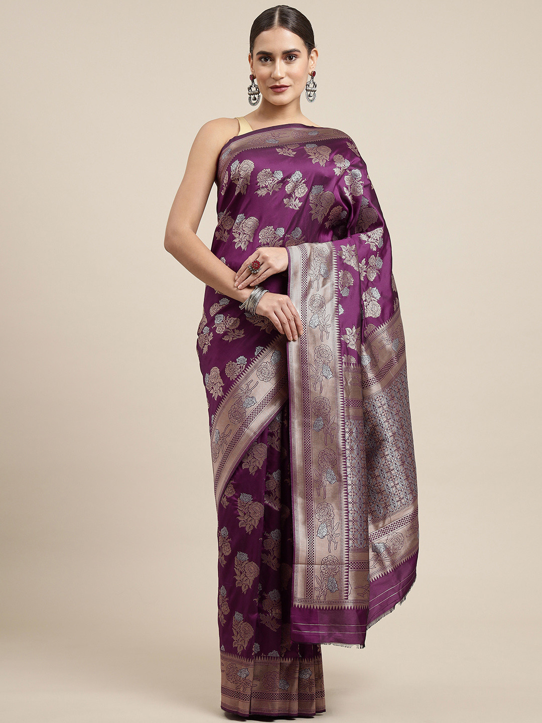 Royal Rajgharana Saree Purple & Golden Ethnic Motifs Woven Design Banarasi Sarees