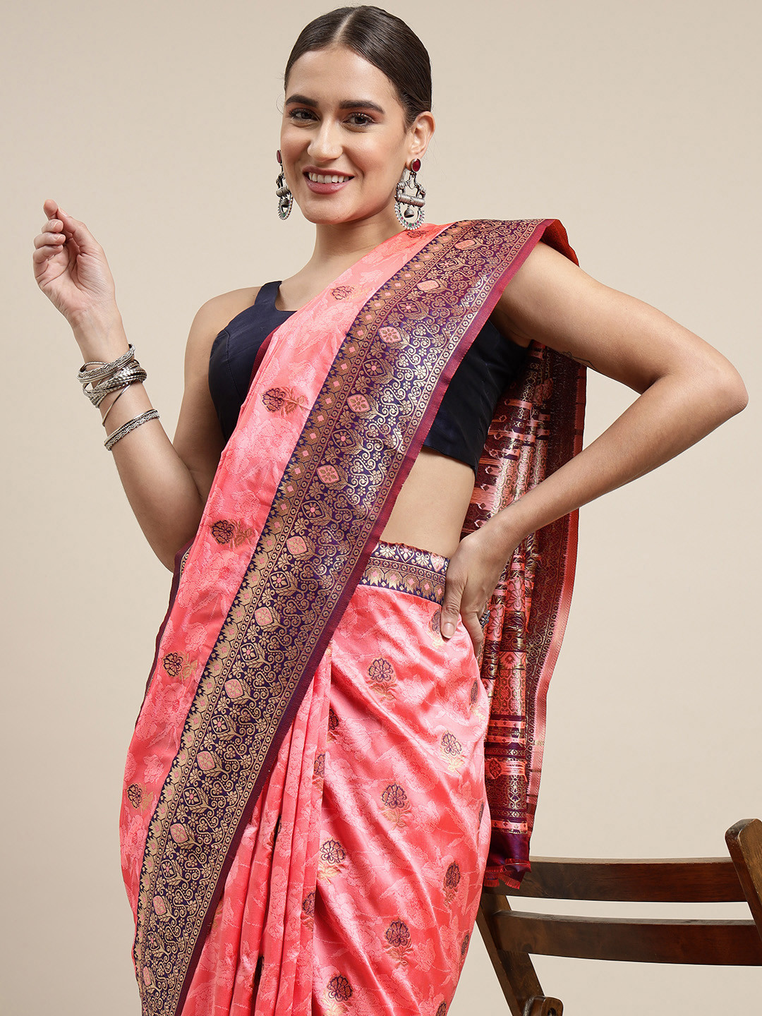 Royal Rajgharana Saree Peach-Coloured & Navy Blue Ethnic Woven Design Banarasi Sarees