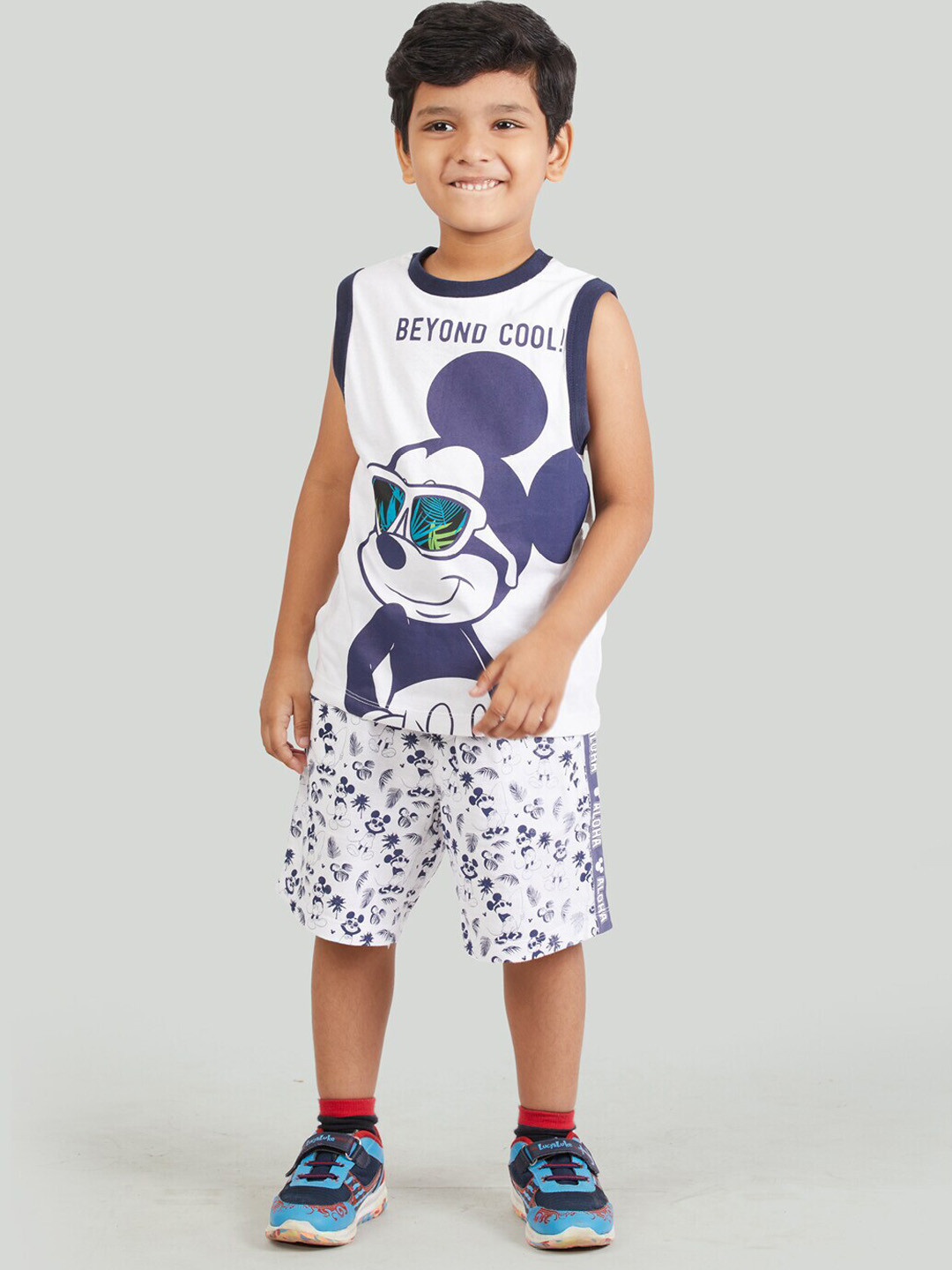 Zalio Boys White & Navy Blue Mickey Printed Cotton T-shirt with Shorts