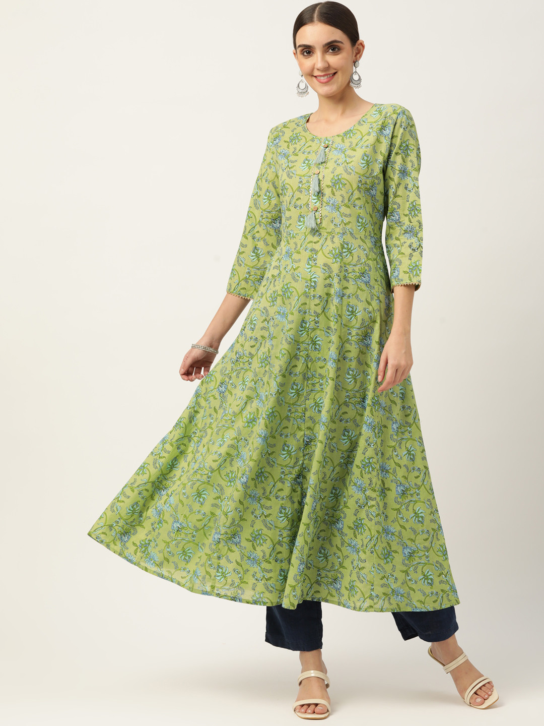 Maaesa Women Green & Blue Ethnic Printed Pure Cotton Gotta Patti Anarkali Kurta