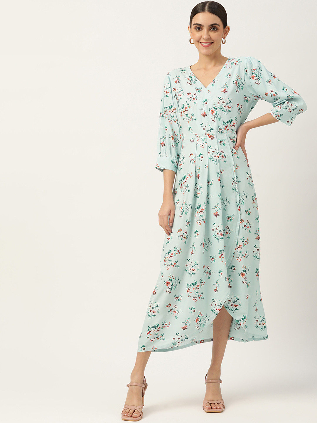 Maaesa Women Blue & Red Floral Midi Dress with Belt