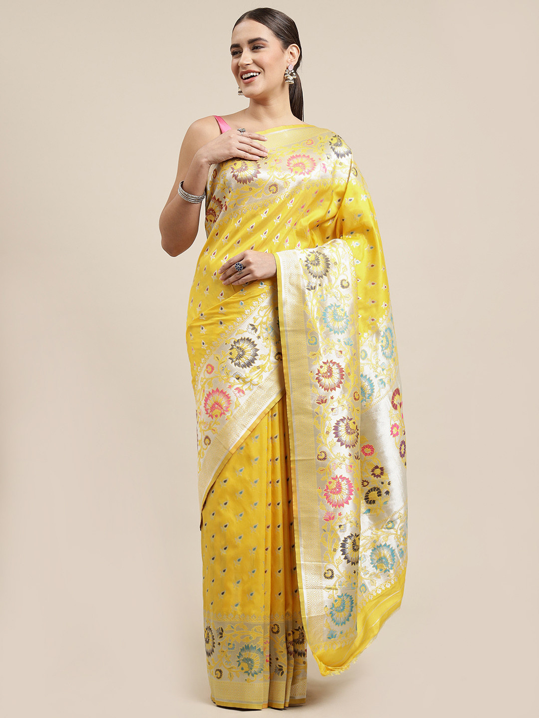 Royal Rajgharana Saree Yellow Woven Design Silk Blend Banarasi Saree with Blouse