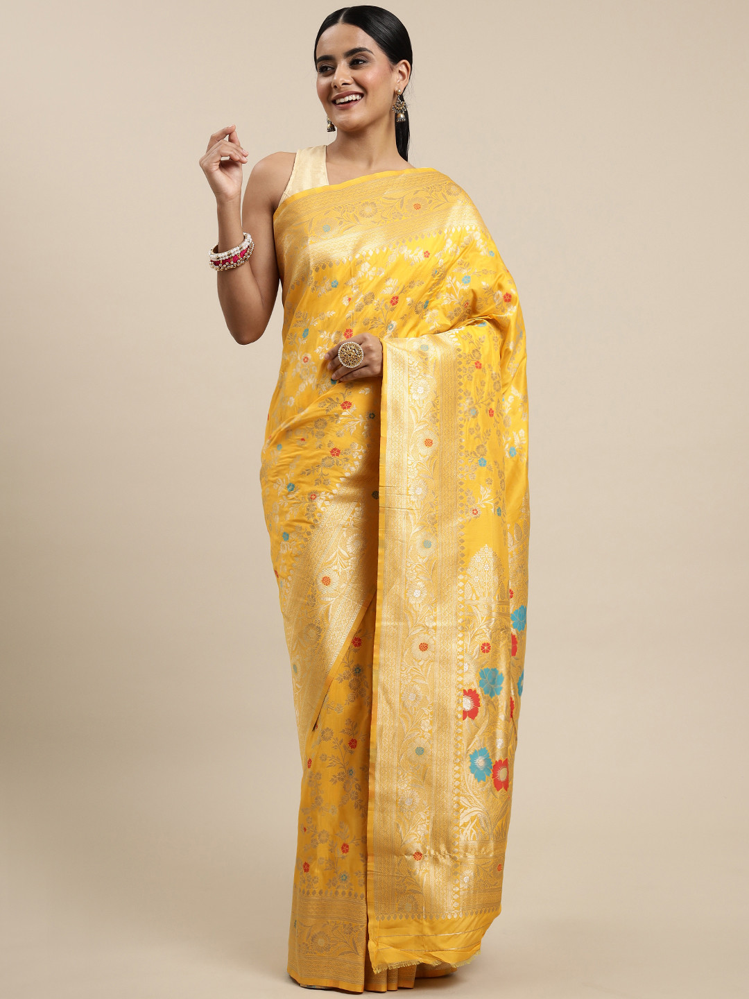Royal Rajgharana Saree Yellow & Blue Woven Design Silk Blend Sarees