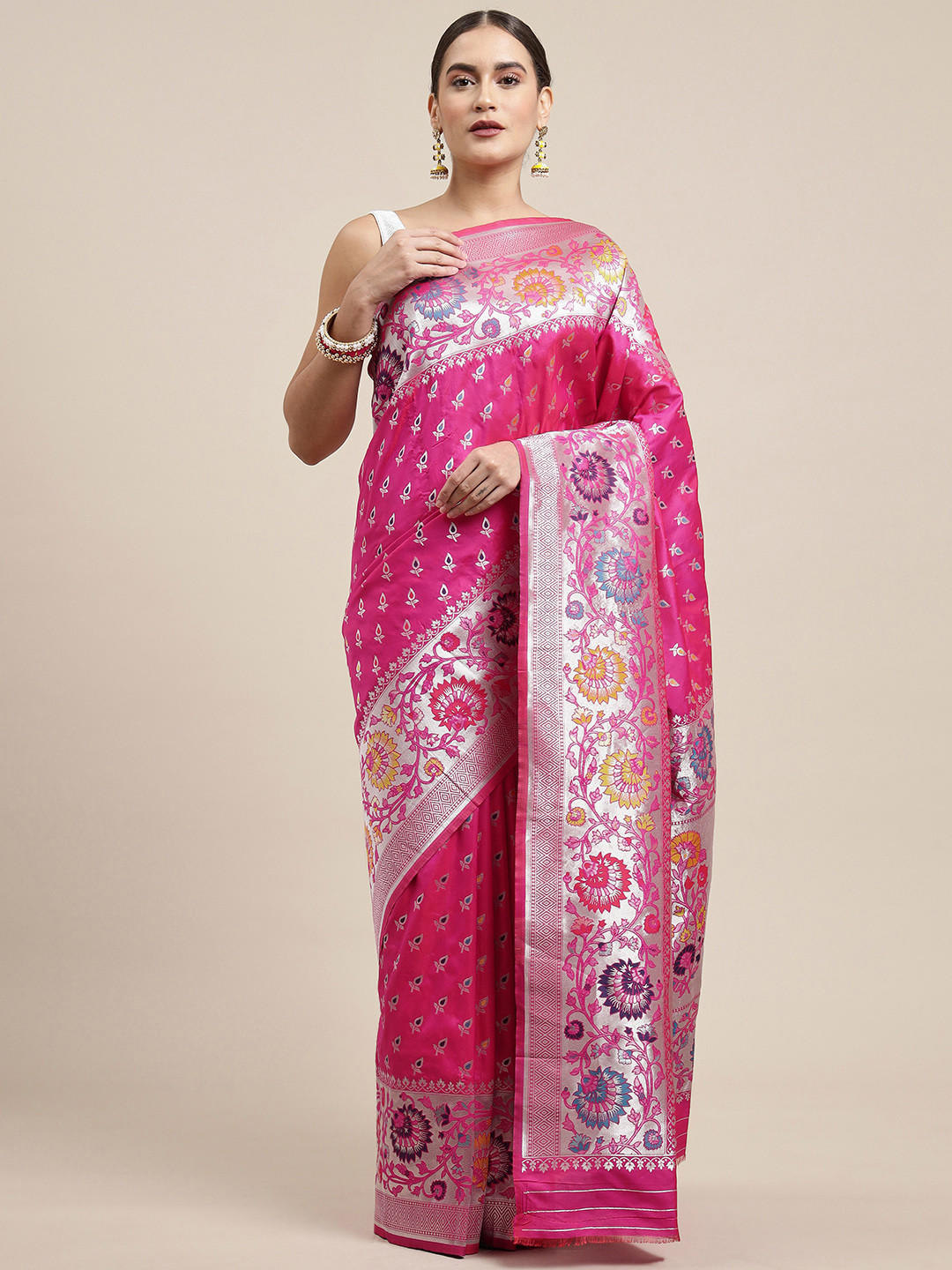 Royal Rajgharana Saree Pink & Blue Ethnic Motifs Woven Design Banarasi Sarees