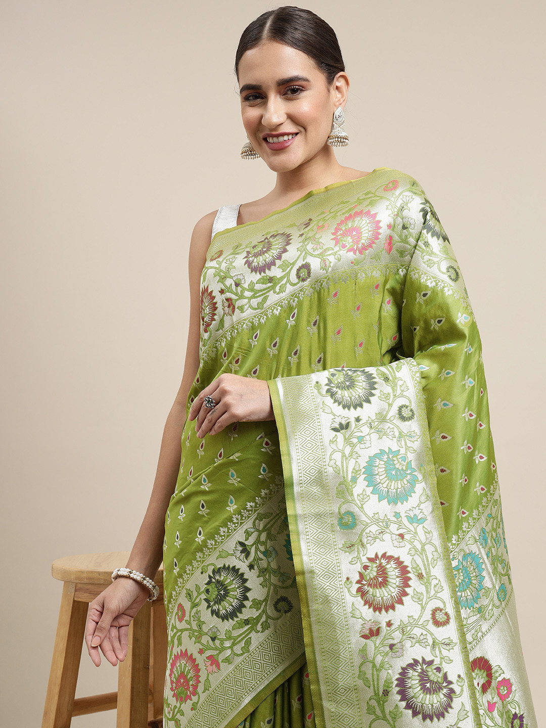 Royal Rajgharana Saree Green & Pink Ethnic Motifs Woven Design Banarasi Sarees