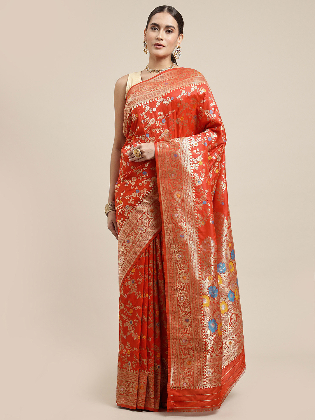 Royal Rajgharana Saree Red Woven Design Silk Blend Banarasi Saree with Blouse