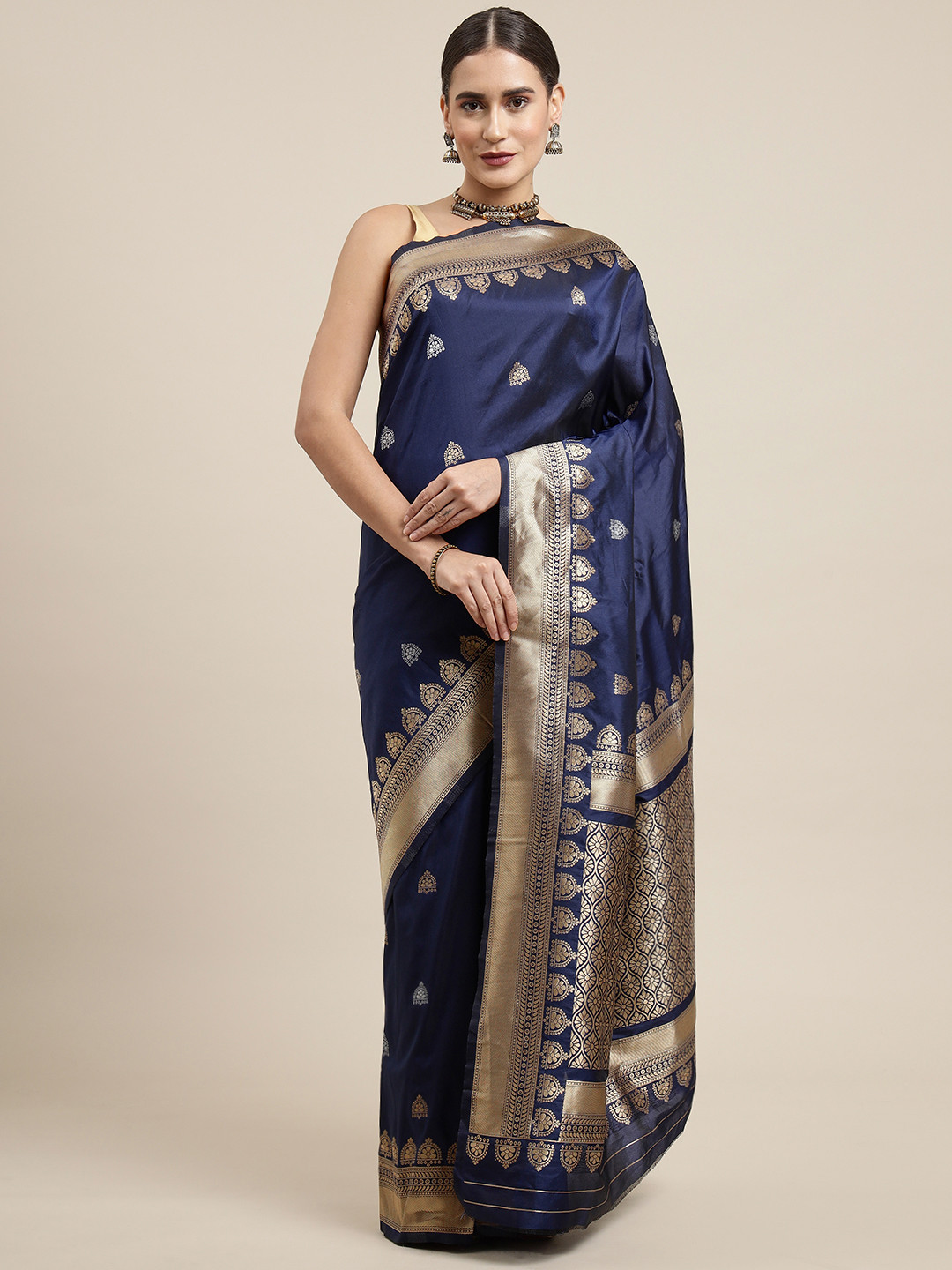 Royal Rajgharana Saree Navy Blue Woven Design Silk Blend Banarasi Saree with Blouse