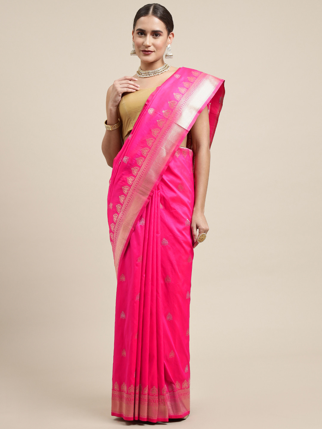 Royal Rajgharana Saree Pink & Silver Woven Design Silk Blend Banarasi Sarees