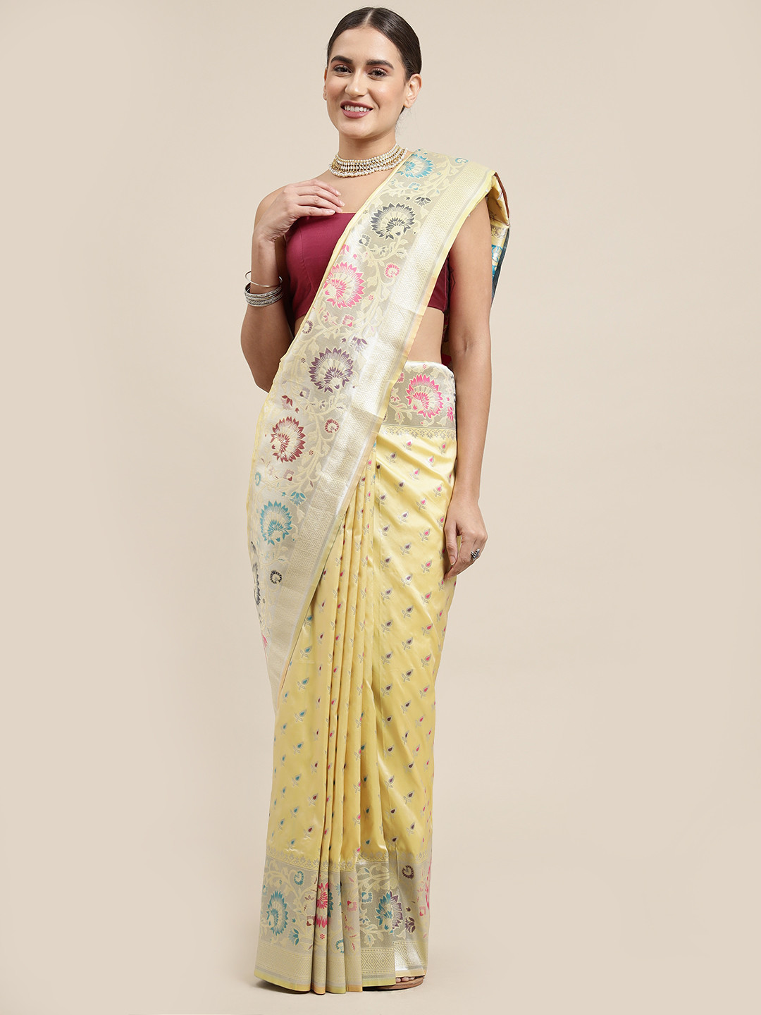 Royal Rajgharana Saree Cream-Coloured & Pink Woven Design Silk Blend Sarees