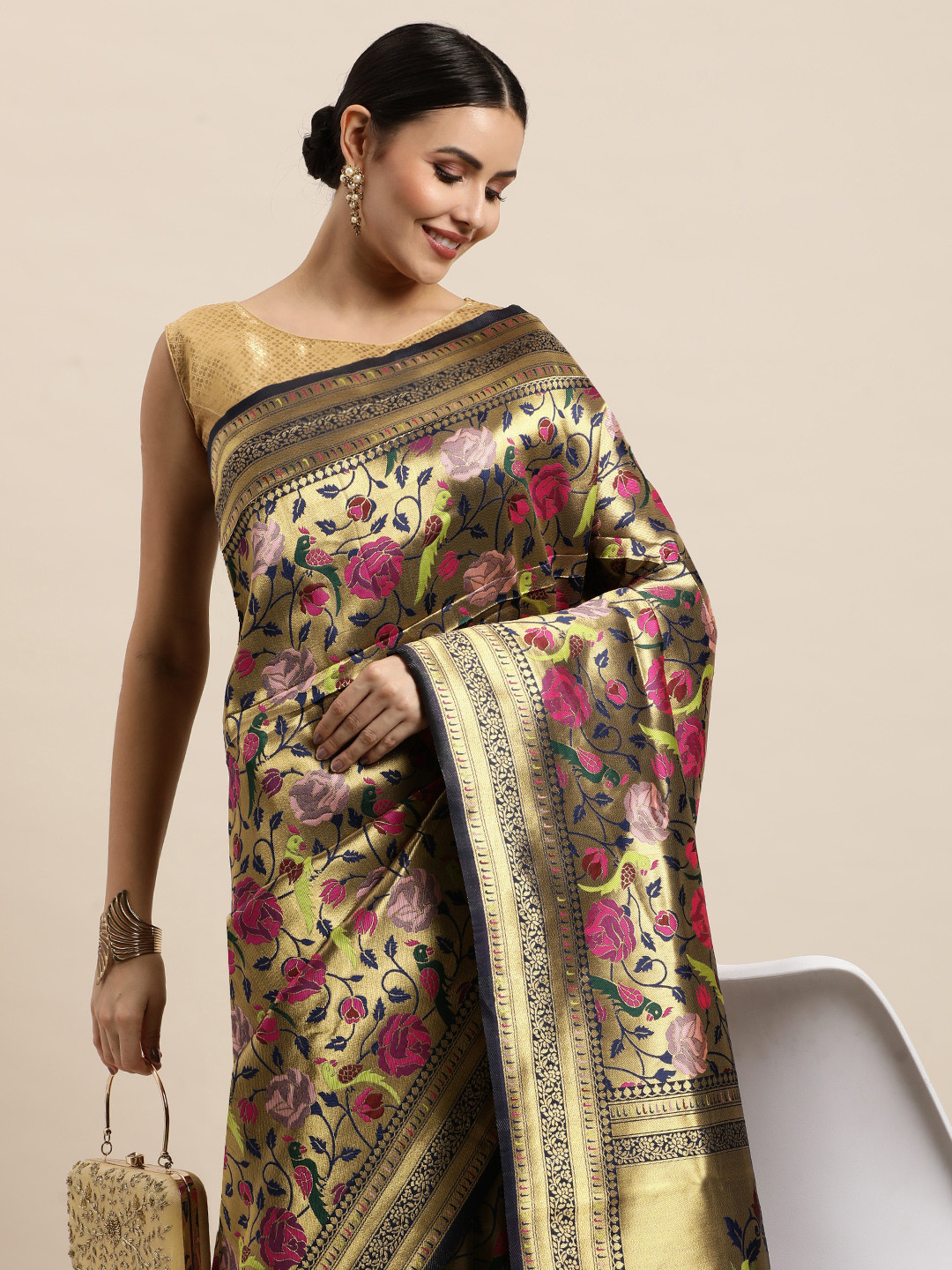 Royal Rajgharana Saree Navy Blue & Golden Ethnic Motifs Silk Blend Banarasi Sarees