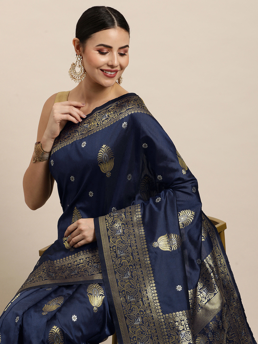 Royal Rajgharana Saree Navy Blue Ethnic Motifs Silk Blend Banarasi Sarees