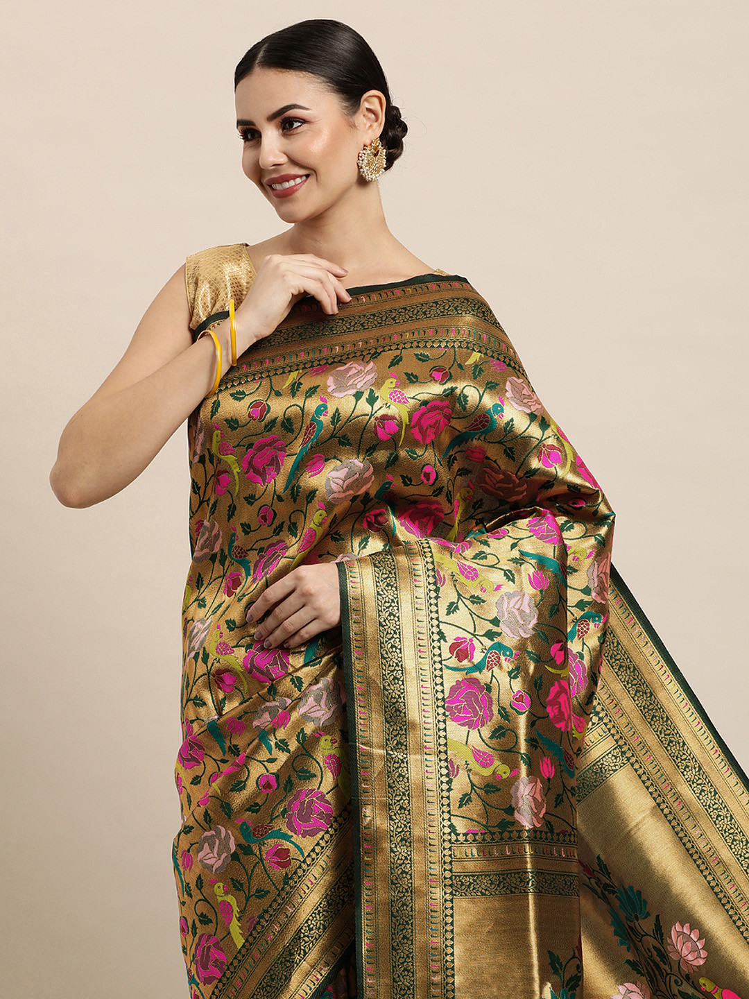Royal Rajgharana Saree Green & Golden Ethnic Motifs Silk Blend Banarasi Sarees