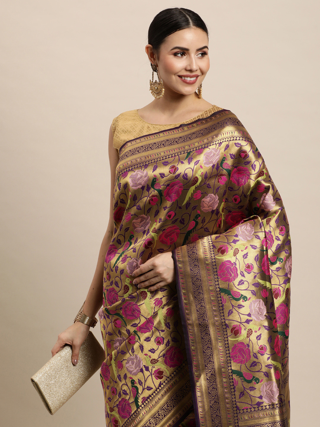 Royal Rajgharana Saree Purple & Golden Ethnic Motifs Silk Blend Banarasi Sarees