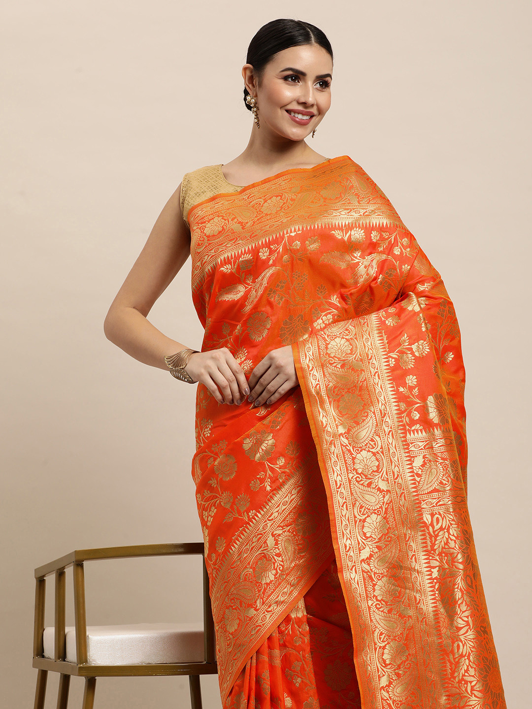 Royal Rajgharana Saree Orange Ethnic Motifs Silk Blend Paithani Sarees