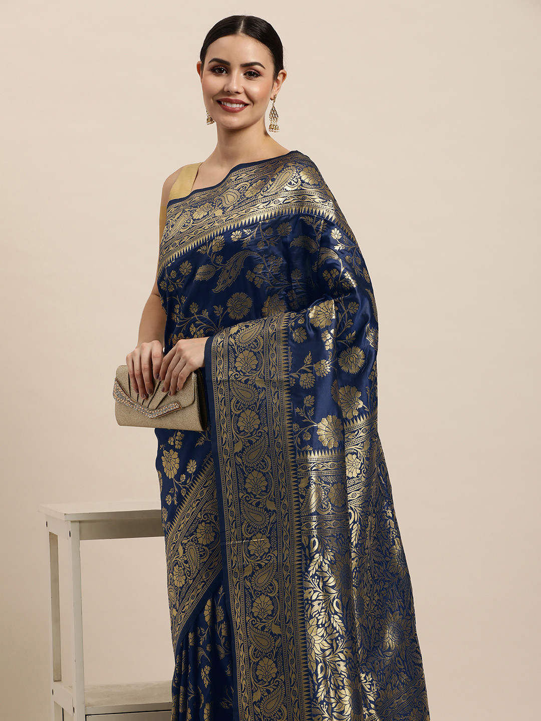 Royal Rajgharana Saree Navy Blue Ethnic Motifs Silk Blend Paithani Sarees