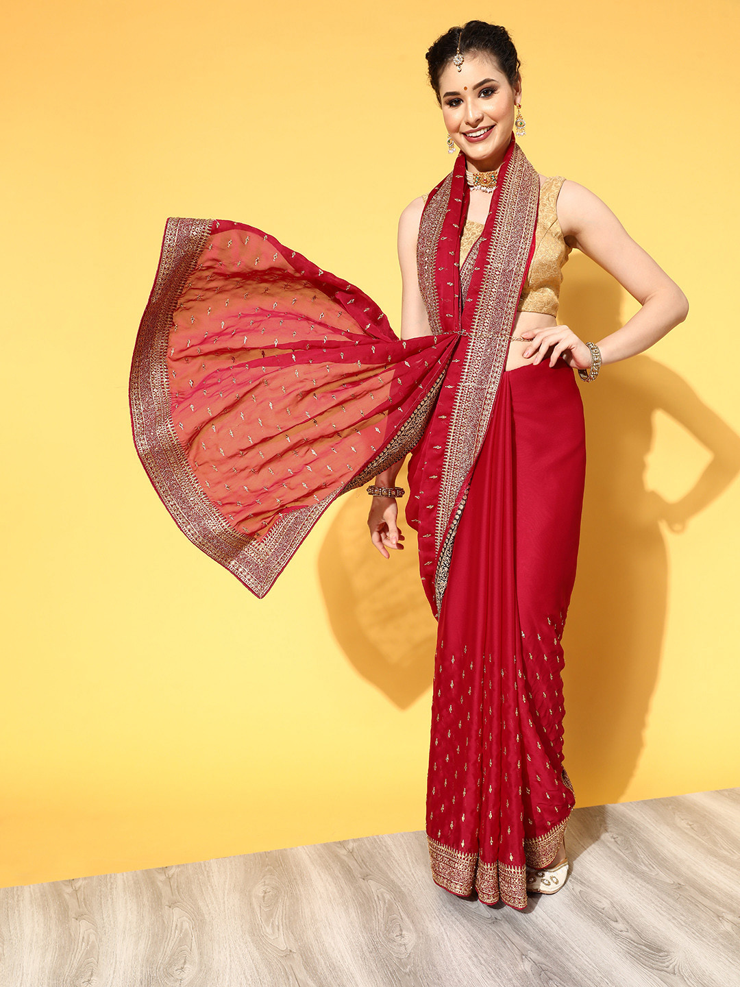Chhabra 555 Red & Golden Ethnic Motifs Aari Work Saree