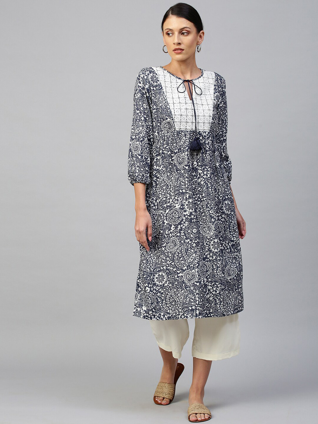 Modern Indian by CHEMISTRY Women Navy Blue Empire Kurti with Sharara & With Dupatta