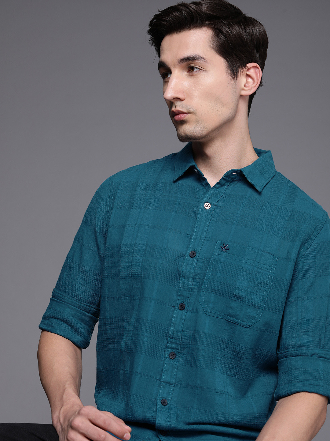 WROGN Men Teal Blue Slim Fit Textured Casual Shirt