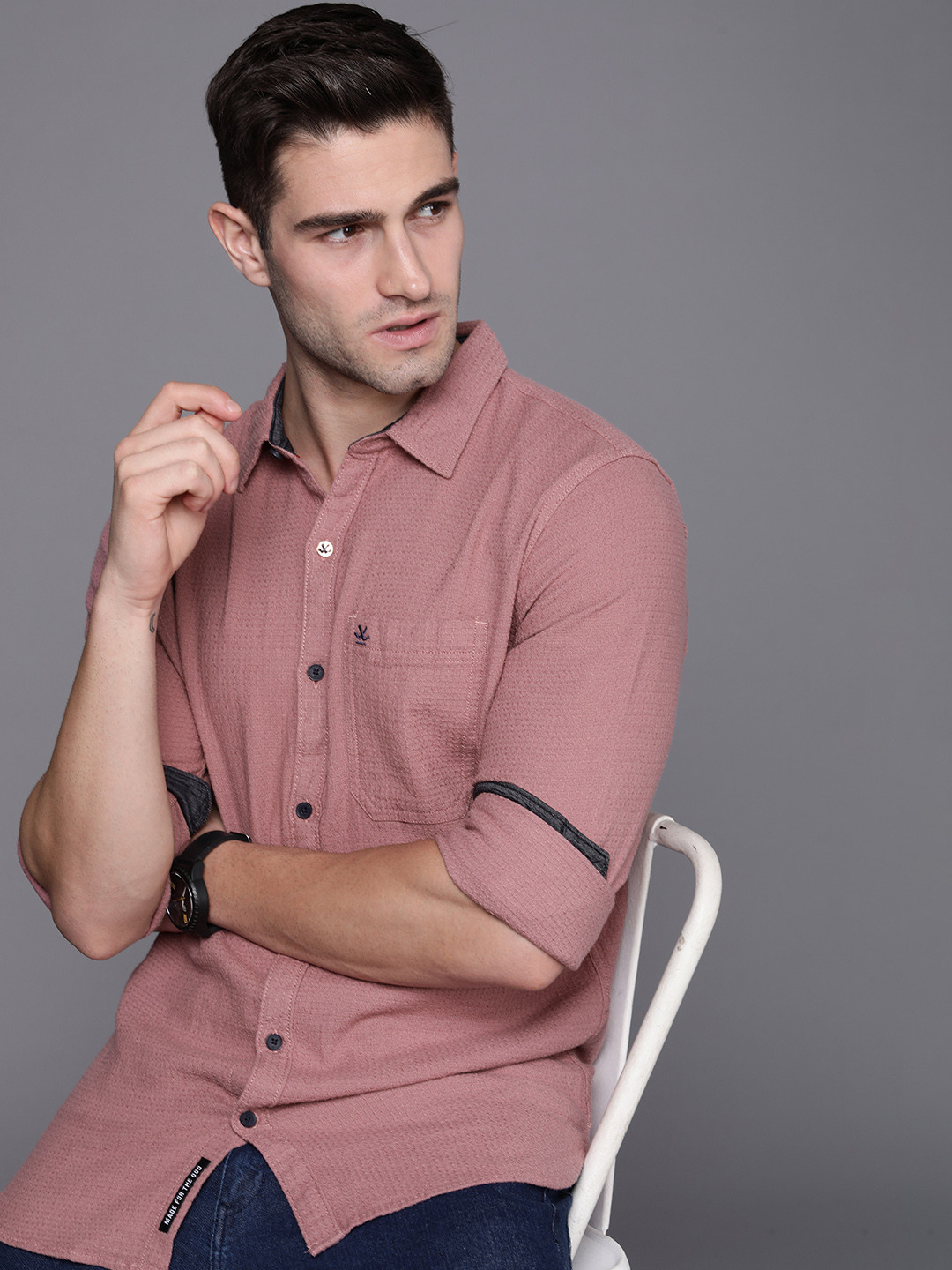 WROGN Men Dusty Pink Slim Fit Textured Casual Shirt