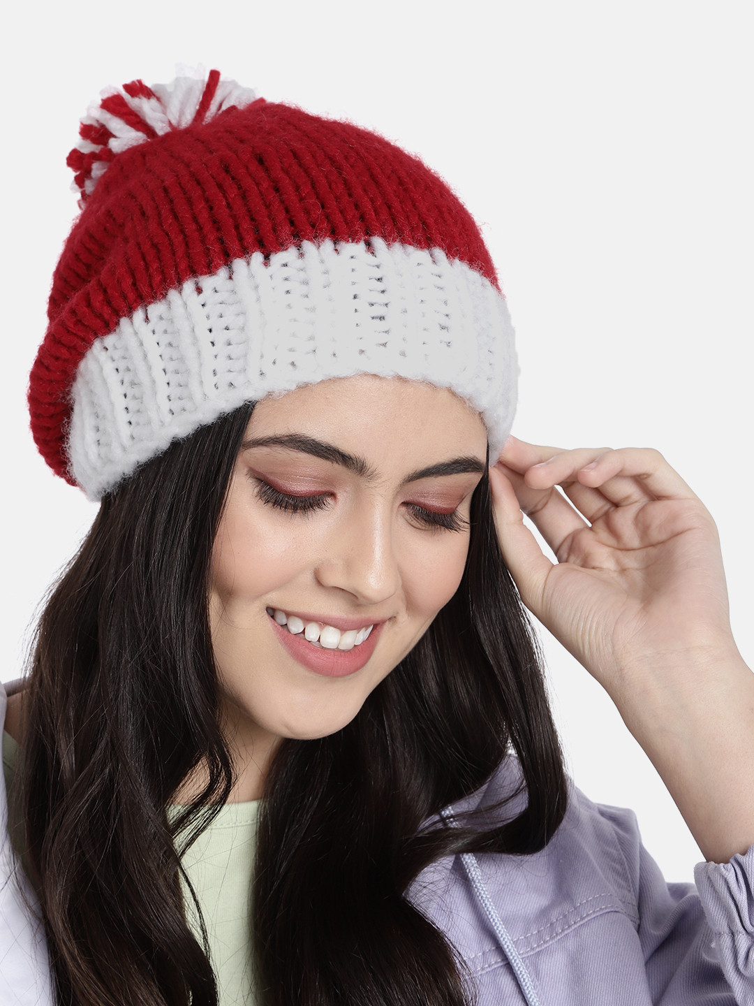 Magic Needles Women Red & White Colourblocked Pom Pom Detail Handmade Beanie