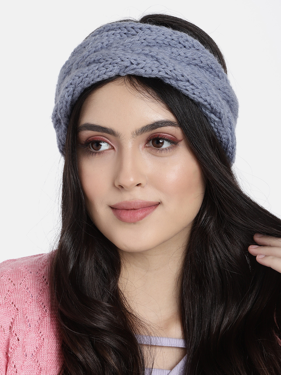 Magic Needles Women Blue Handmade Double Cable Bandana Headband