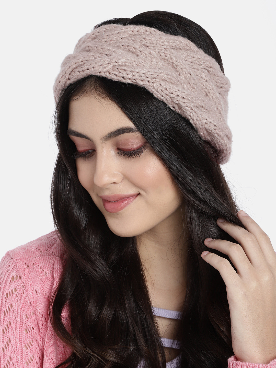 Magic Needles Women Beige Handmade Double Cable Bandana Headband