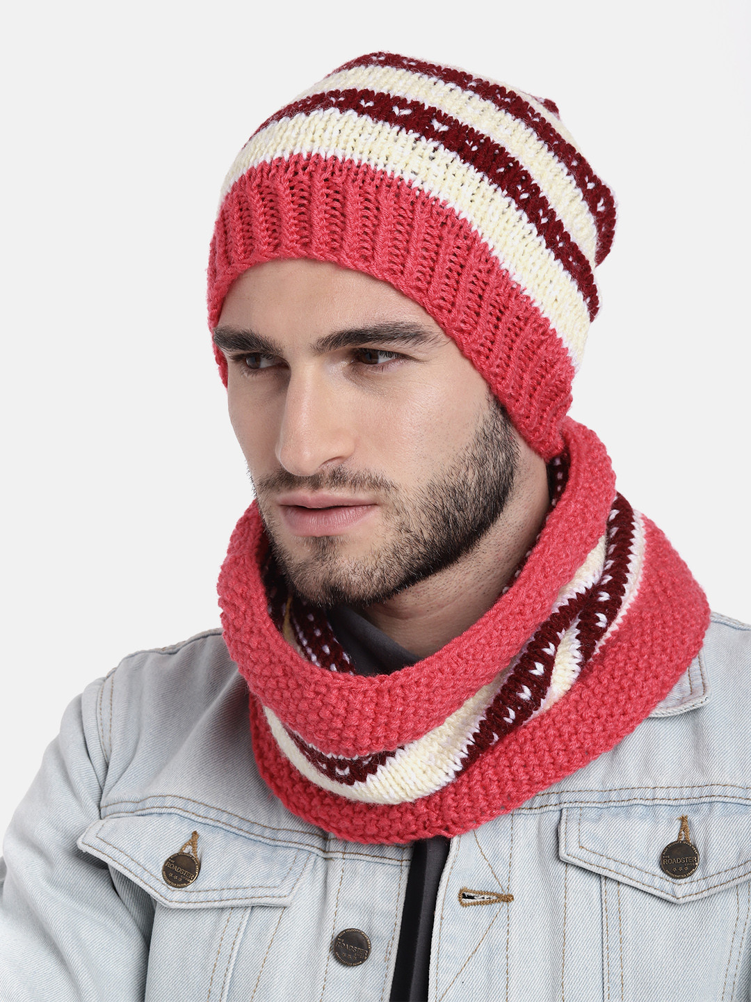 Magic Needles Men Red & Beige Beanie with Neck Warmer