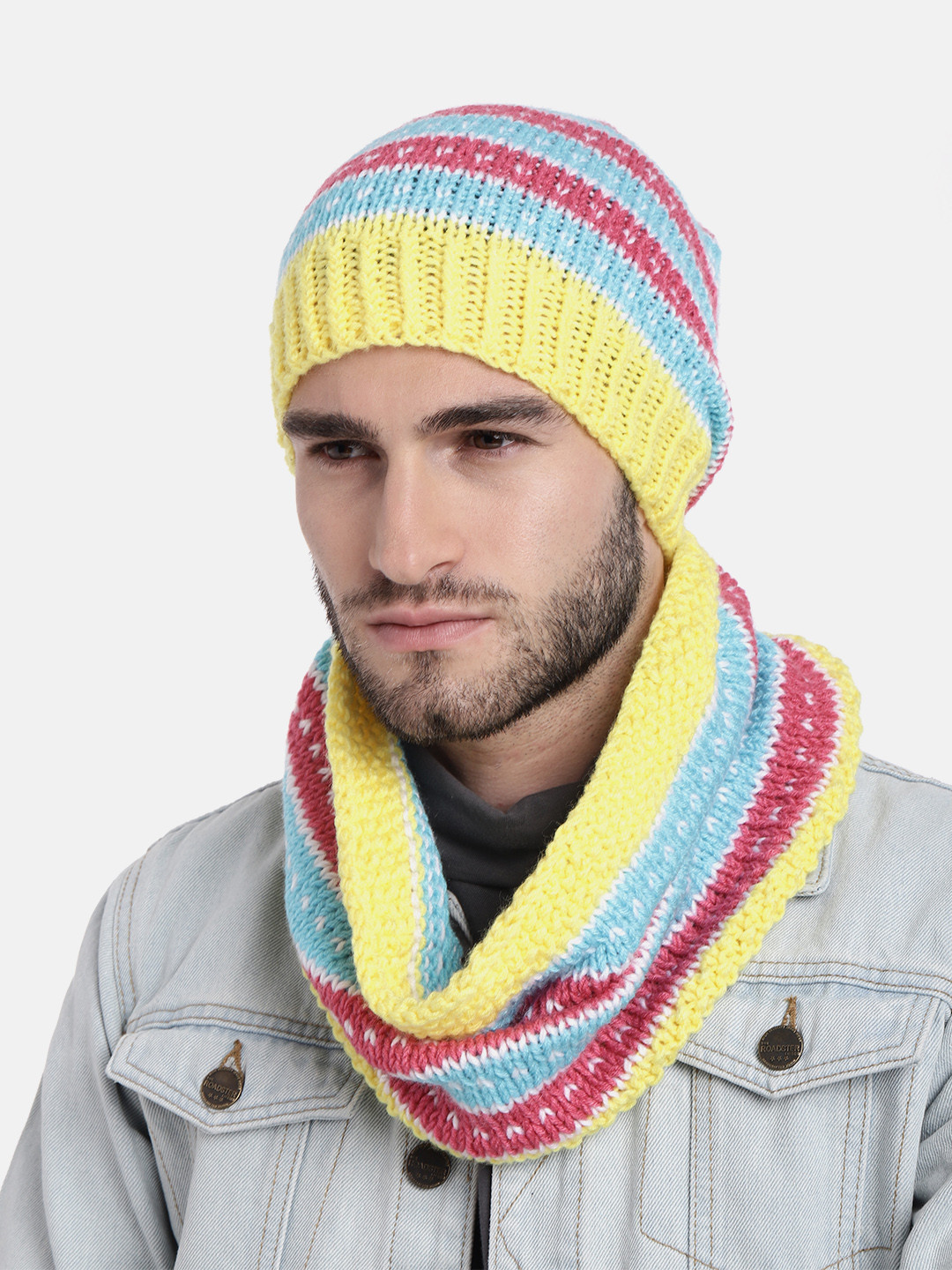 Magic Needles Men Yellow & Blue Beanie with Neck Warmer