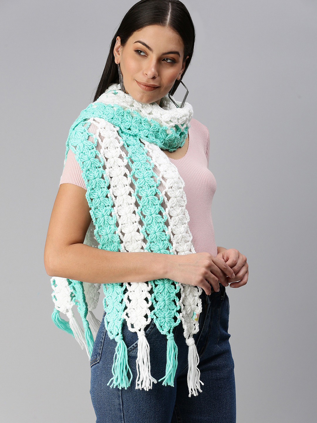 Magic Needles Women White & Turquoise Blue Striped Handmade Muffler