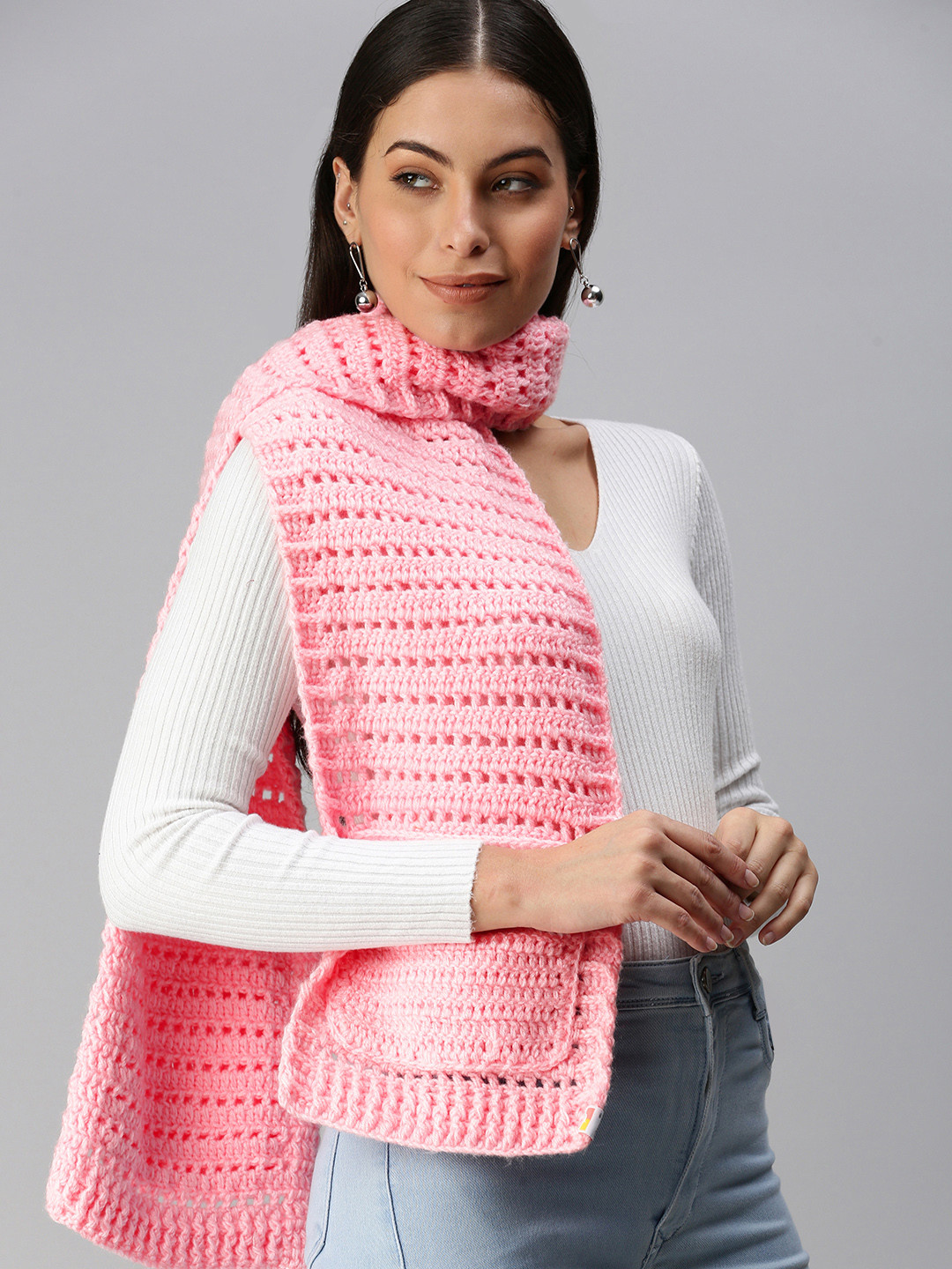 Magic Needles Women Pink Solid Handmade Muffler