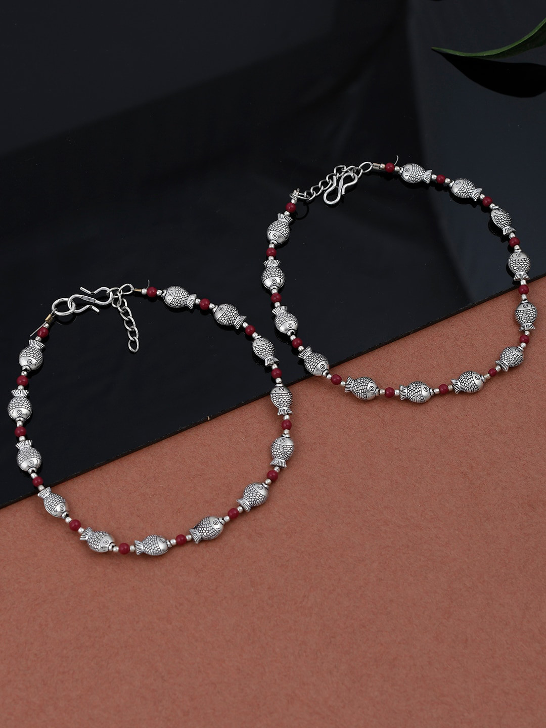 Silvermerc Designs Oxidised Silver-Plated Red Beaded Handmade Anklets