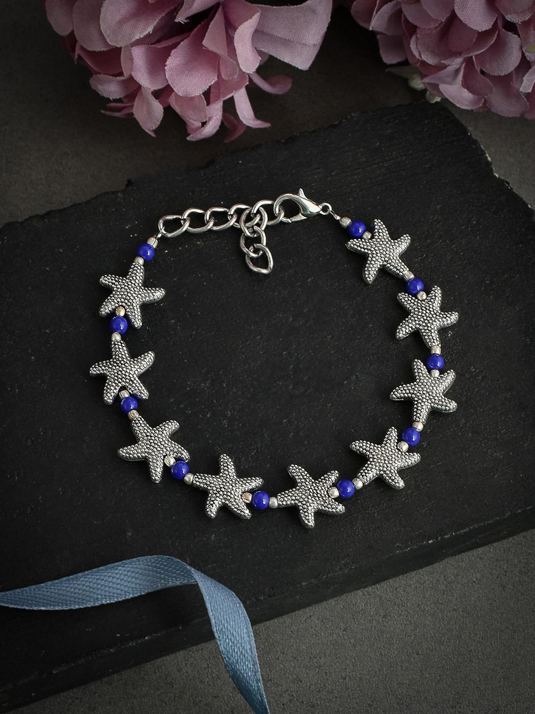 Silvermerc Designs Silver-Plated Blue Beaded Anklet