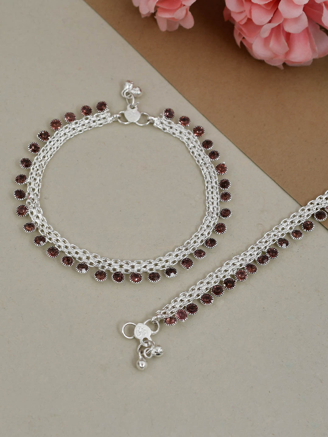 Silvermerc Designs Set Of 2 Silver-Plated & Brown Stone Studded Design Detailed Anklet