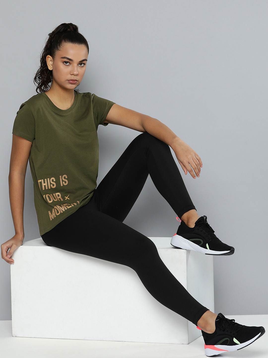 HRX by Hrithik Roshan Women Olive Green & Gold Brand Logo Printed Cotton T-shirt