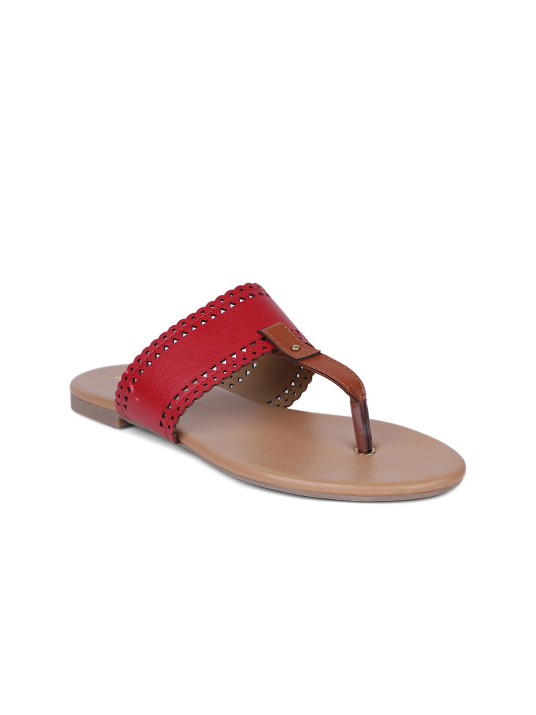 Bata Women Red T-Strap Flats with Laser Cuts