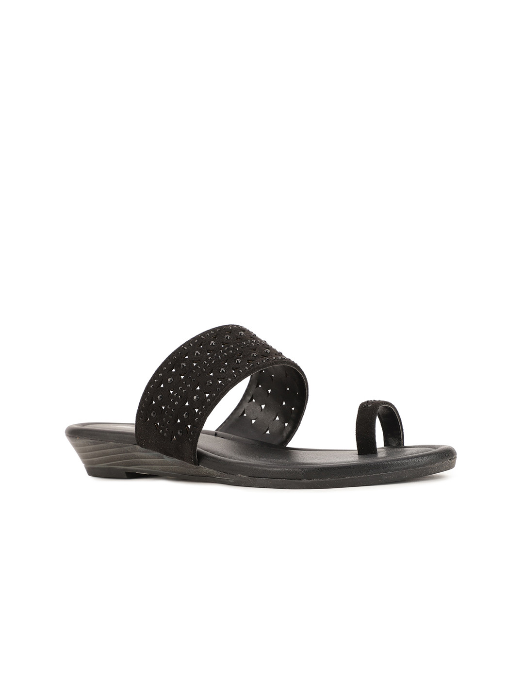 Bata Women Black Embellished One Toe Flats with Laser Cuts