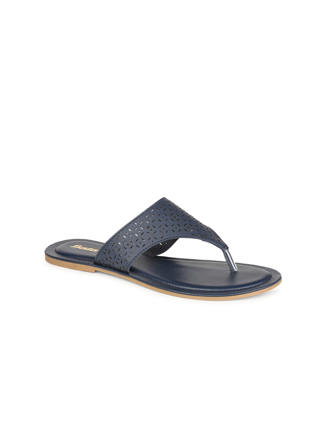Bata Women Blue T-Strap Flats with Laser Cuts