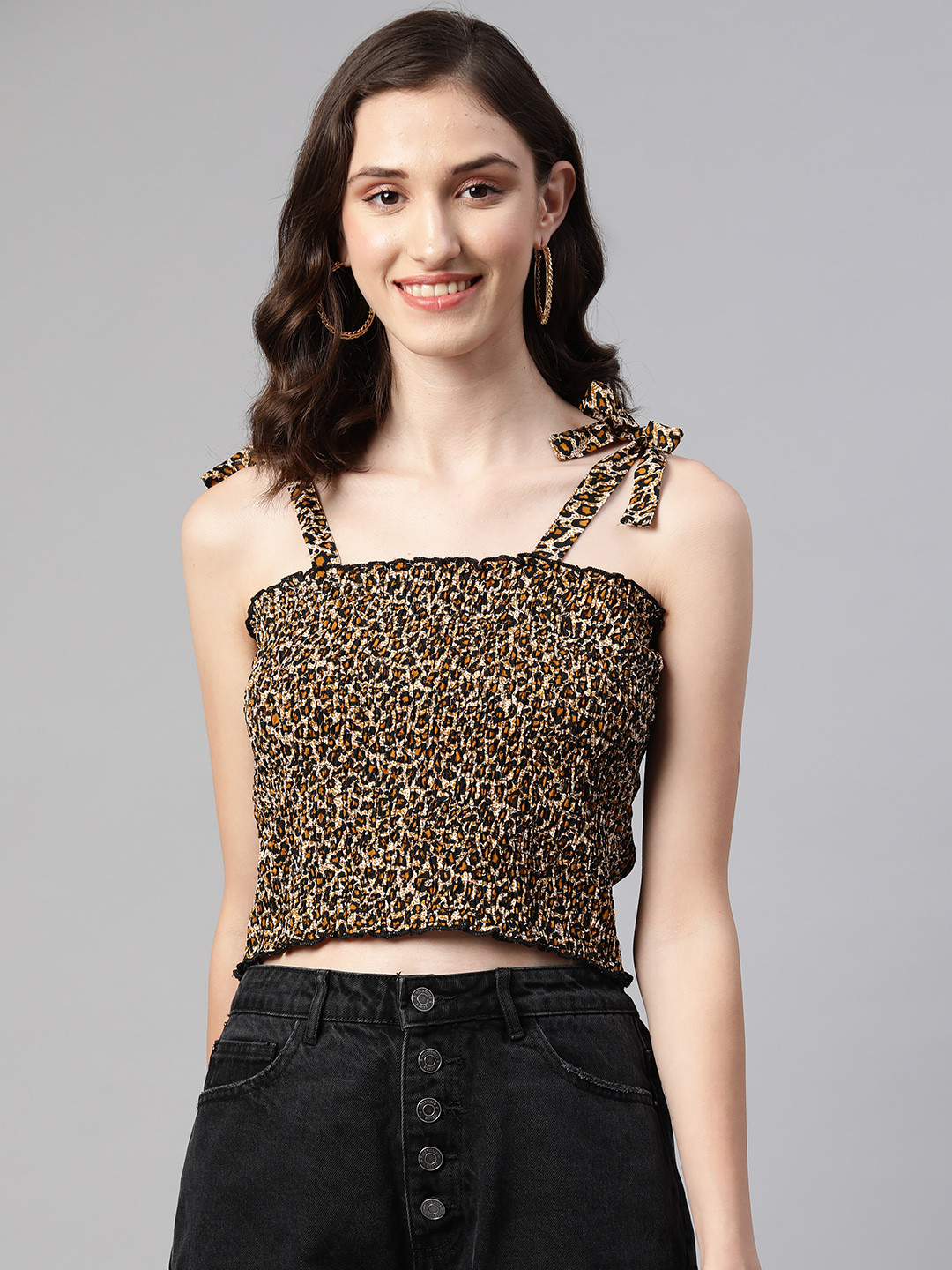 VARUSHKA Brown & Black Animal Print Smocked Crepe Crop Top