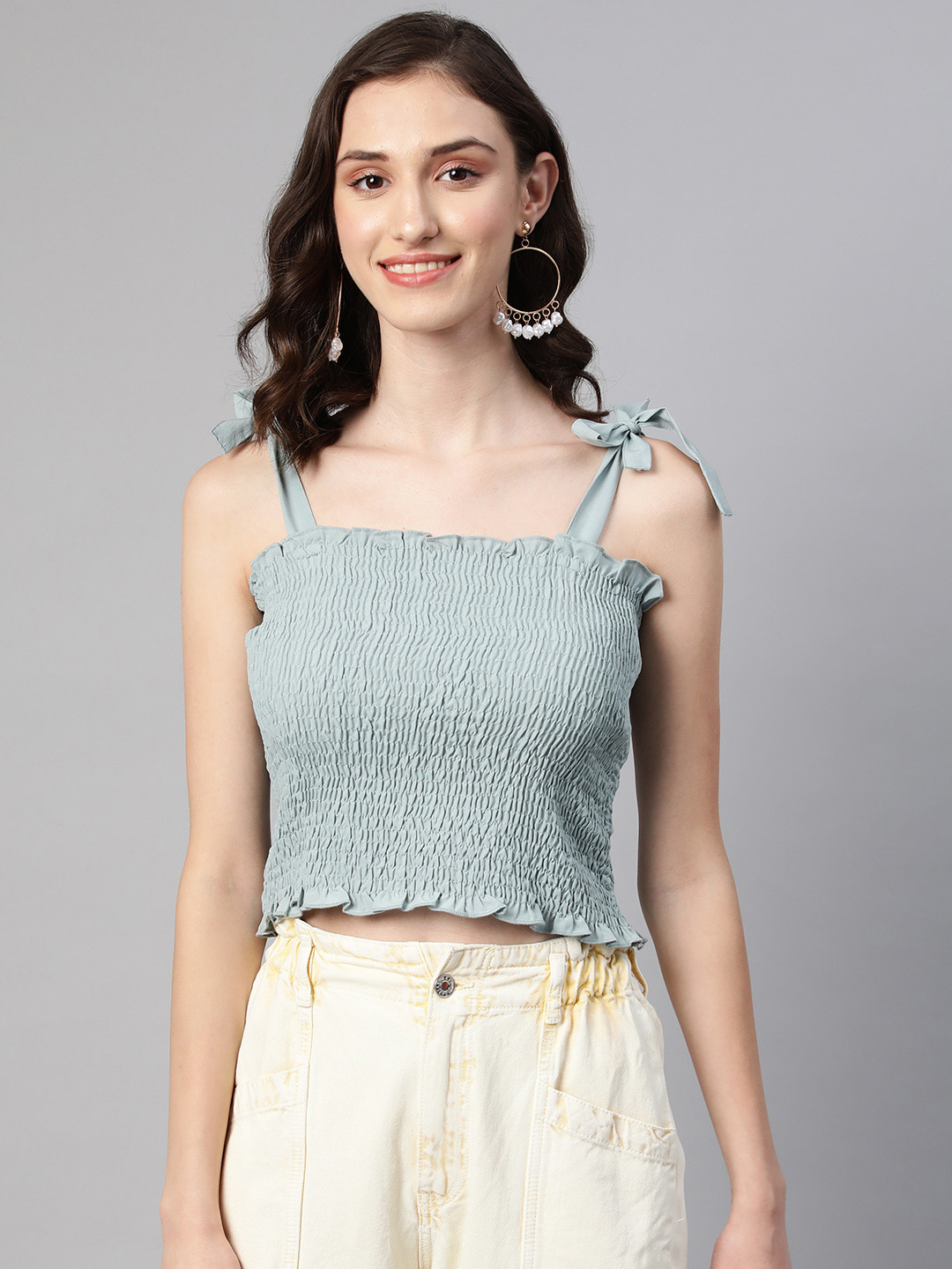 VARUSHKA Blue Smocked Crepe Crop Top